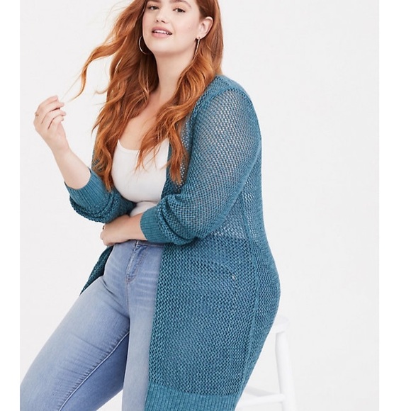 TORRID teal open knit boyfriend cardigan! - Picture 2 of 8